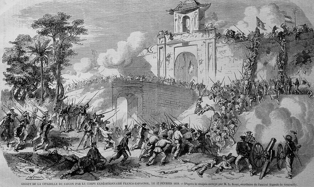 Historische illustratie van de Frans-Spaanse expeditieaanval op de Saigon Citadel op 17 februari 1859, met soldaten die aanvallen.