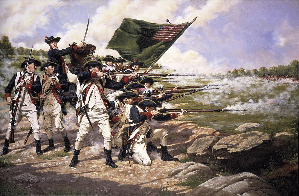 Amerikaanse Soldaten uit de Revolutionaire Oorlog die Musketten Afvuren Historisch schilderij van Amerikaanse soldaten uit de Revolutionaire Oorlog in uniform die musketten afvuren met een vlag in de strijd