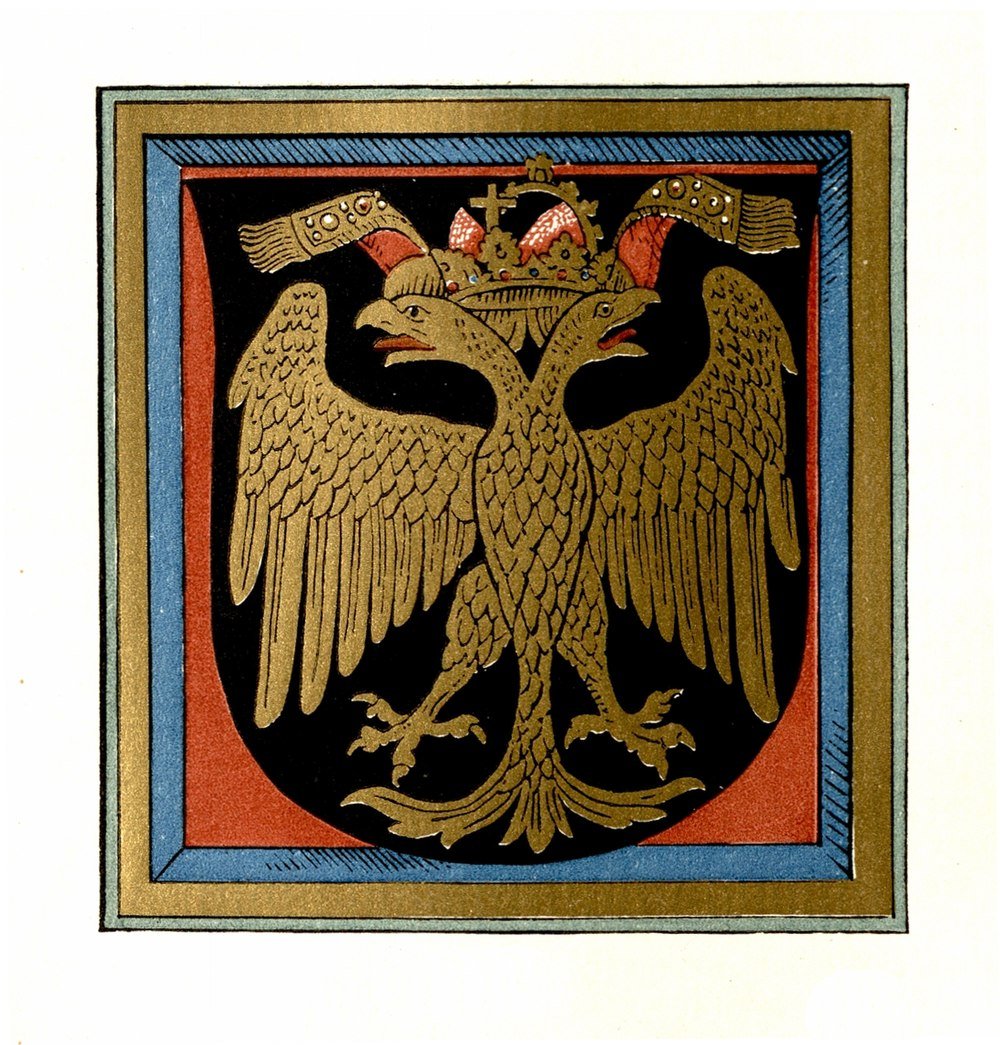 Middeleeuwse dubbelkoppige adelaar heraldisch embleem Middeleeuws heraldisch embleem met een gouden dubbelkoppige adelaar met een kroon op een zwart en rood schild