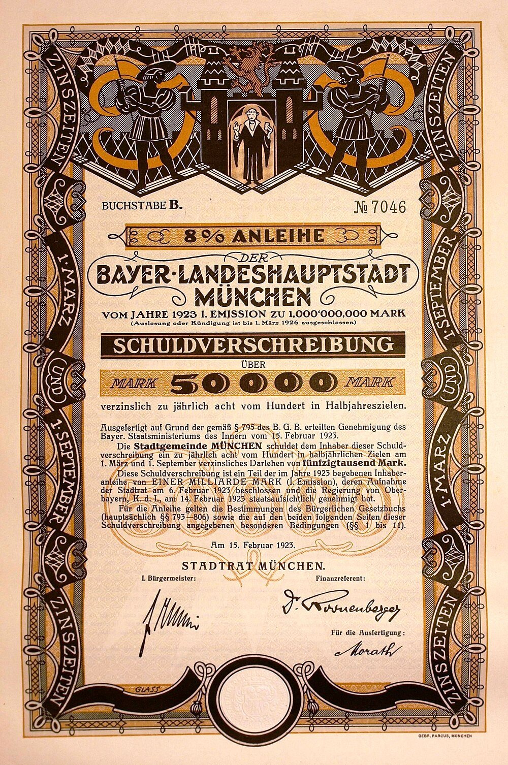 1923 München Duits Obligatiecertificaat met 8% Rente 1923 Duits obligatiecertificaat uit München met 8% rente, sierlijk ontwerp en handtekeningen, uitgegeven door Bayer Landeshauptstadt München.