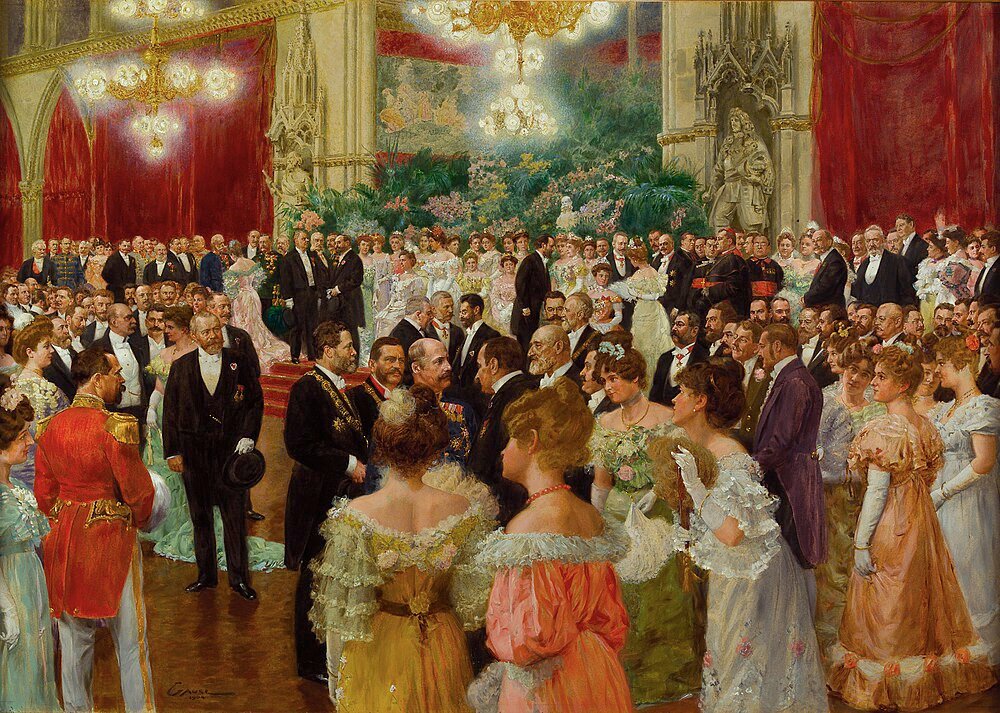 Elegante 19e-eeuwse balzaal scène met aristocraten in formele kleding, kroonluchters en weelderige decoraties op een groots evenement