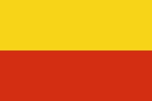 Vlag met twee horizontale strepen, geel bovenaan en rood onderaan, die een eenvoudig tweekleurig ontwerp vertegenwoordigen.