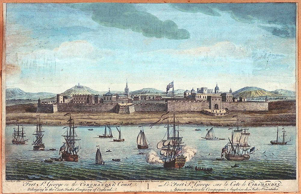 Fort St. George aan de Coromandelkust met Britse schepen Historisch schilderij van Fort St. George aan de Coromandelkust met Britse schepen in de haven en een kustversterking.