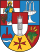 Middeleeuws kleurrijk wapenschild met kroon en ster Kleurrijk middeleeuws wapenschild met een schild met kruisen, een kroon en een ster symbool op een rood-witte achtergrond.