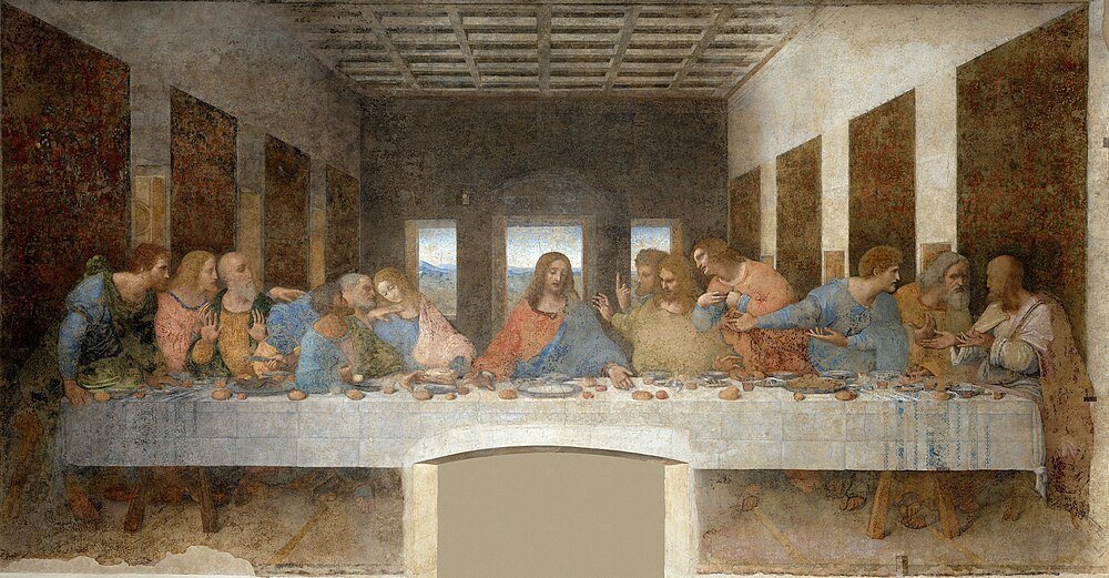 Het Laatste Avondmaal door Leonardo da Vinci Het Laatste Avondmaal schilderij van Leonardo da Vinci dat Jezus en zijn twaalf apostelen aan een lange tafel afbeeldt