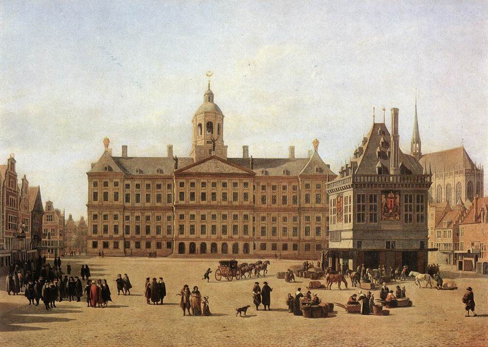 Historisch Europees stadsplein met klassieke architectuur Historisch Europees stadsplein met grote klassieke gebouwen, mensen in kleding uit die tijd, paardenkoetsen en marktactiviteit