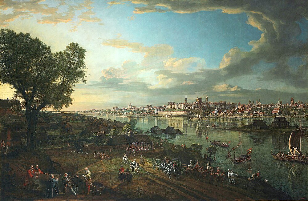 Historisch Europees stadsgezicht aan de rivier met boten en ruiters Historisch panoramisch uitzicht op een Europese stad aan de rivier met boten, ruiters en mensen in 18e-eeuwse kleding