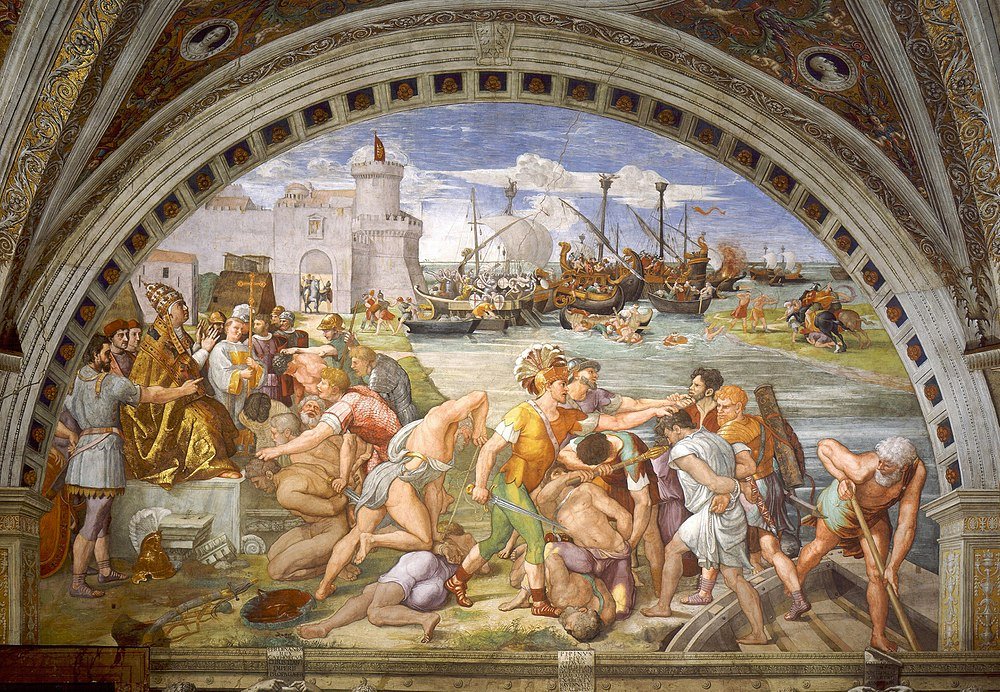 Renaissance fresco van veldslag en paus scène Renaissance fresco die een historische veldslagscène afbeeldt met soldaten, schepen en een zittende paus in een groot architectonisch decor