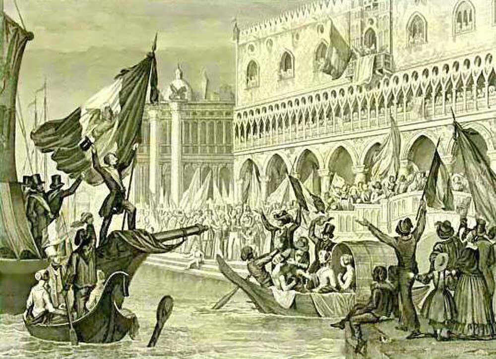 Historische illustratie van een Venetiaanse bootparade uit de 19e eeuw met mensen die vlaggen zwaaien en menigten verzameld langs het kanaal
