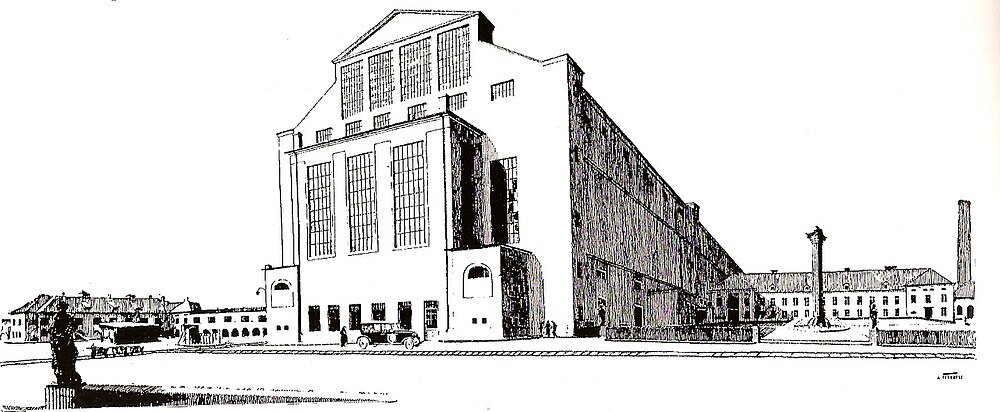 Zwart-wit architecturale tekening van een groot industrieel gebouw met hoge ramen en omliggende structuren