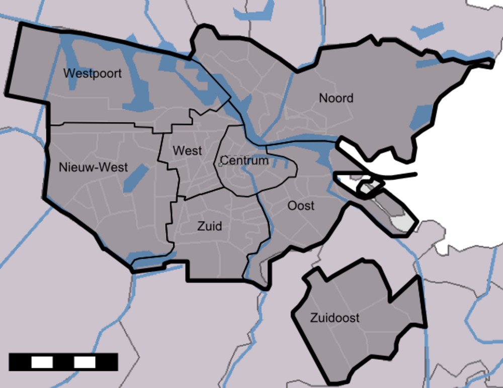 Wijkenkaart van Amsterdamse stadsgebieden Kaart met wijken van Amsterdam inclusief Westpoort, Noord, Centrum, West, Zuid, Oost, Nieuw-West, en Zuidoost