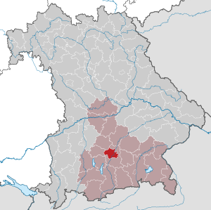 Kaart van München in Beieren, Duitsland Kaart die de stad München in Beieren, Duitsland markeert met omliggende regio's en rivieren duidelijk aangegeven.