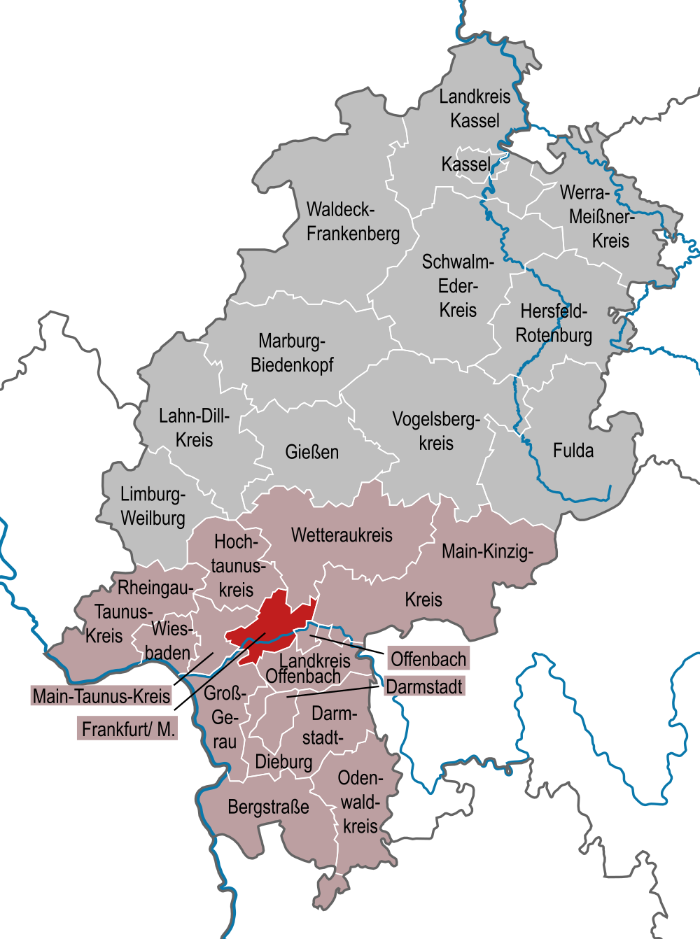 Kaart van districten in Hessen, Duitsland met markering van Offenbach en omliggende gebieden met districtsnamen en grenzen