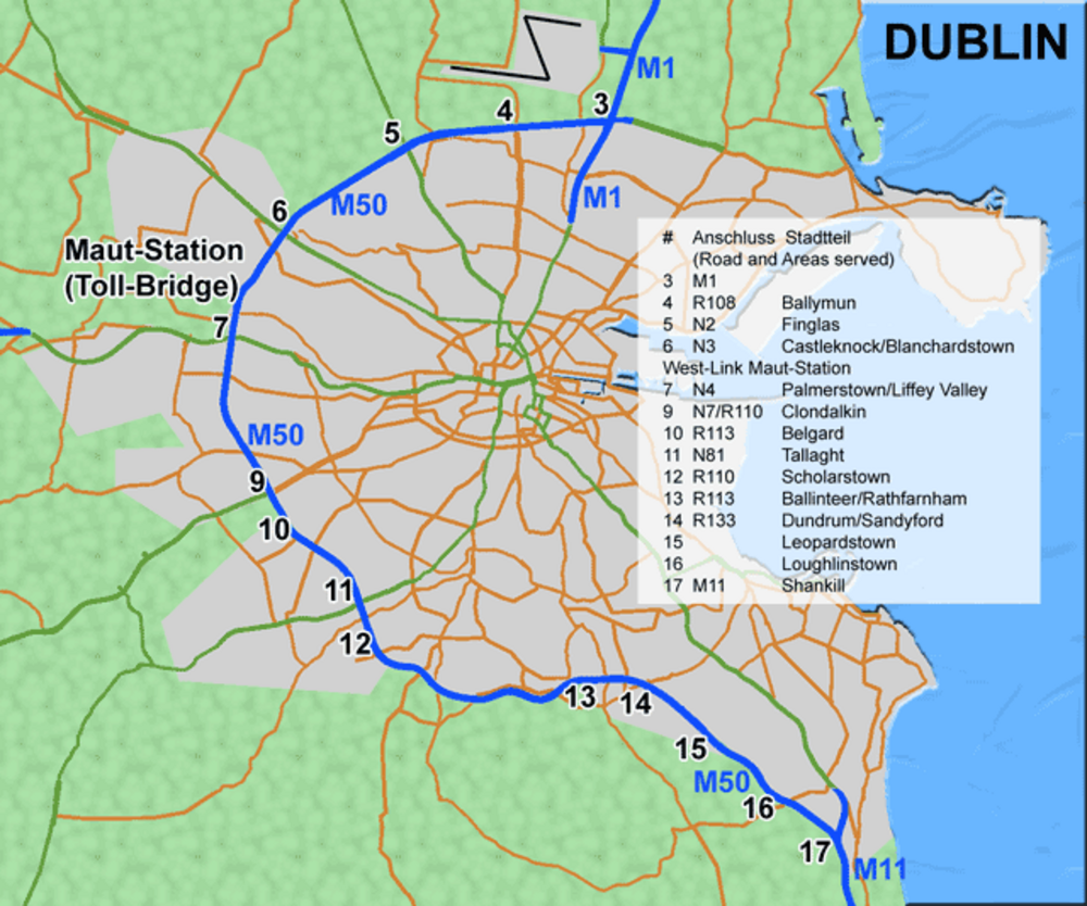 Dublin M50 Snelwegkaart met Tolbrug en Verbindingen Kaart van Dublin met M50 snelweg met tolbrug en belangrijke wegverbindingen naar buitenwijken en bediende gebieden