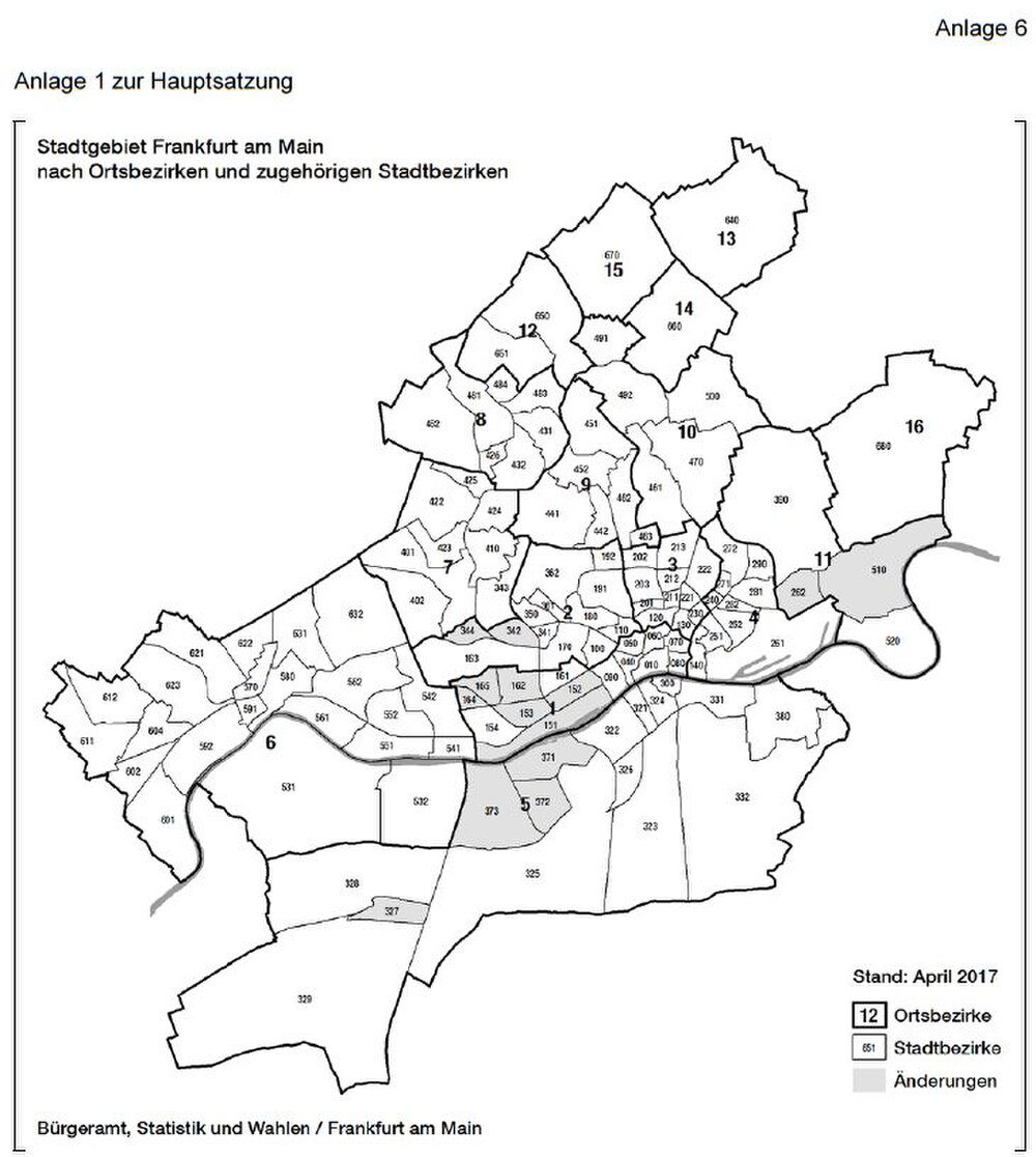 Frankfurt am Main stads- en districtskaart april 2017 Kaart van Frankfurt am Main met 16 districten en hun bijbehorende stadsdistricten met grenzen en labels vanaf april 2017