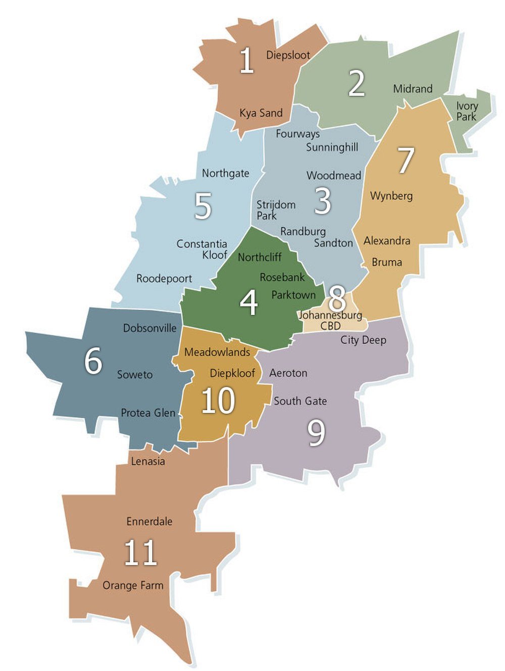 Kaart van Johannesburg met genummerde regio's en wijken Kaart met genummerde regio's en wijken in Johannesburg, waaronder Diepsloot, Midrand, Soweto en Johannesburg CBD