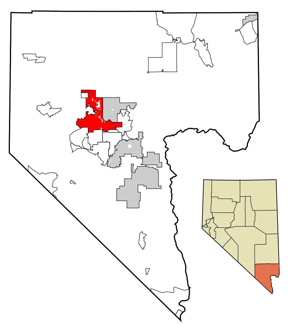 Clark County Nevada kaart met gemarkeerd gebied Kaart die een specifiek gebied in rood markeert binnen Clark County, Nevada, met gedetailleerde stadsgrenzen en county-locatie.
