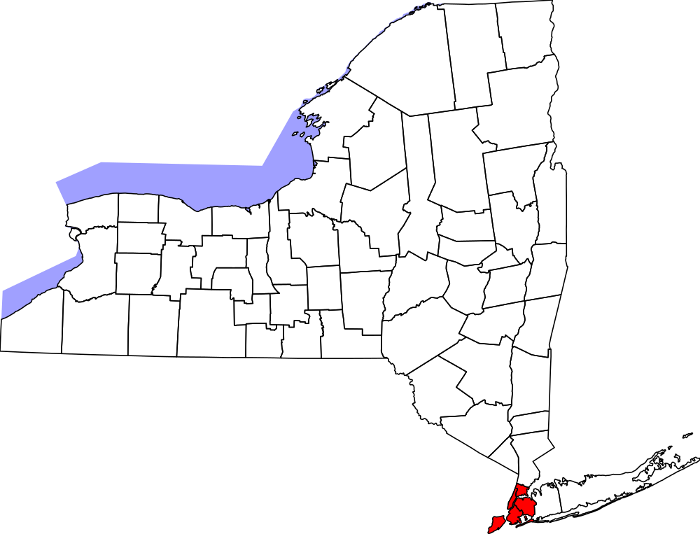 Kaart van de staat New York met NYC en Lake Erie gemarkeerd Kaart van de staat New York met de stadsdelen van New York City in rood en de kustprovincies van Lake Erie in blauw gemarkeerd