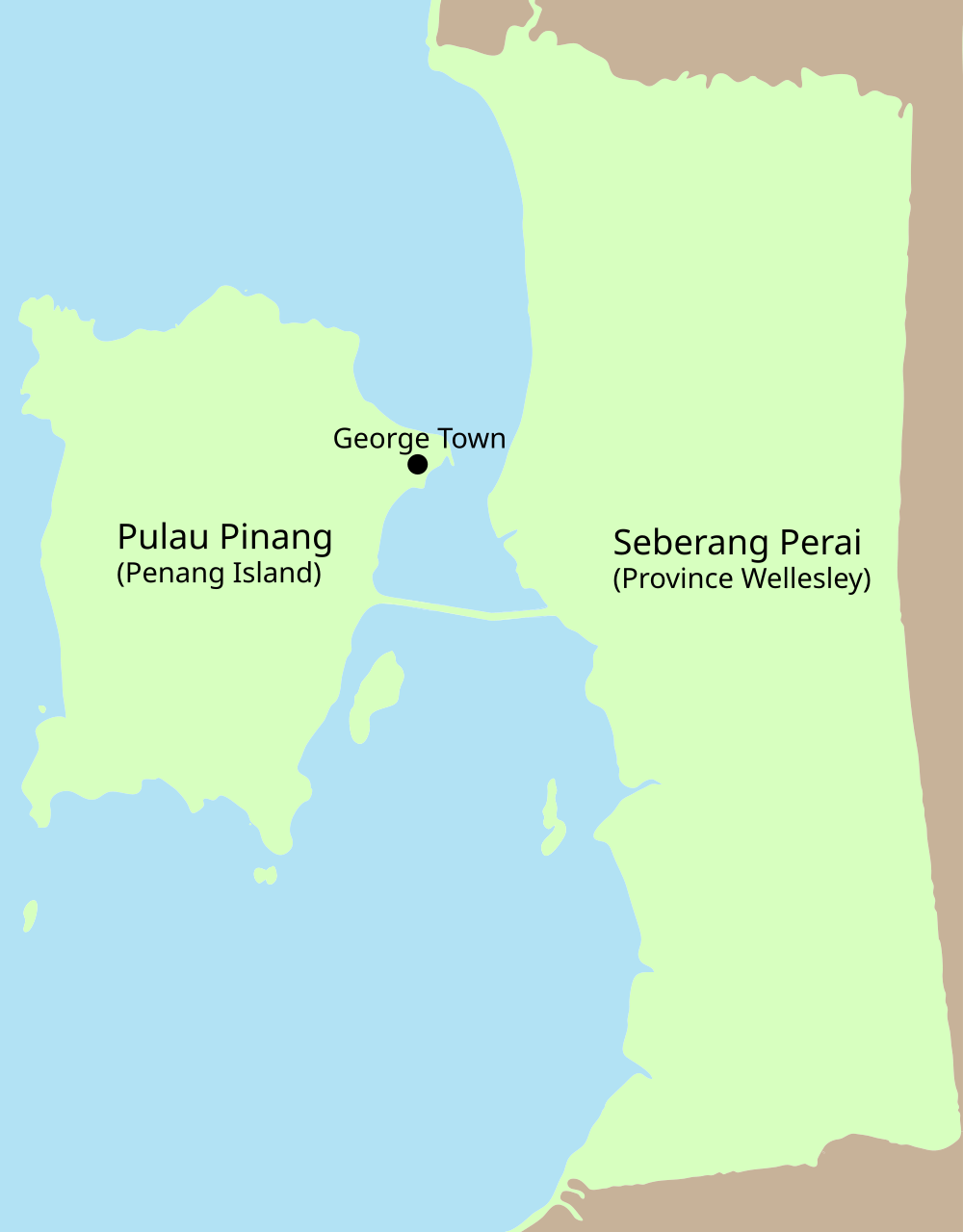 Kaart die Pulau Pinang (Penang Island) en Seberang Perai (Province Wellesley) toont met George Town gemarkeerd