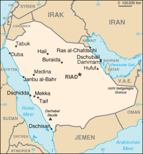 Kaart van Saoedi-Arabië met grote steden en buurlanden Kaart van Saoedi-Arabië met grote steden zoals Riyad, Mekka, Medina, Dammam, en buurlanden Irak, Iran en Jemen.