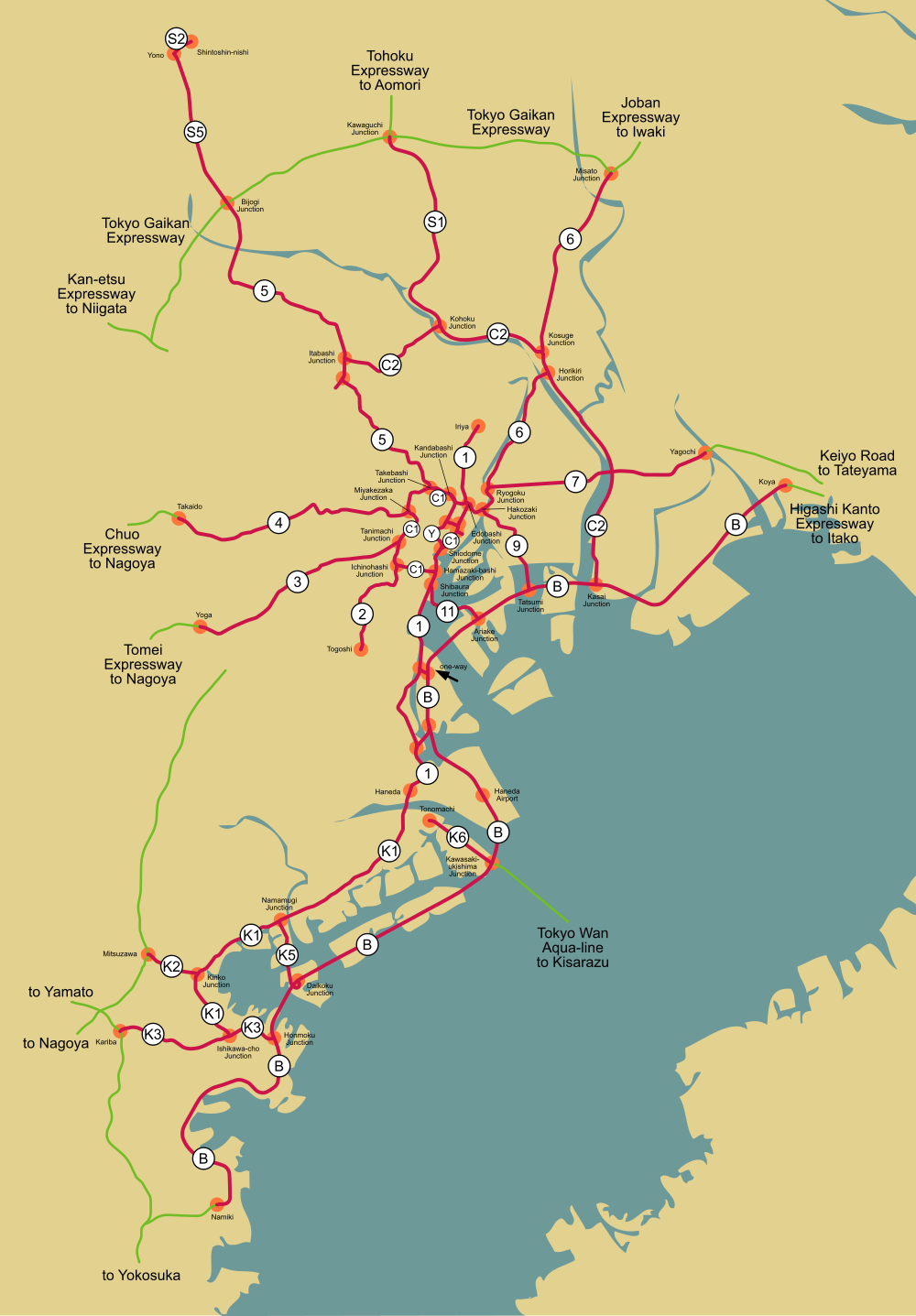 Tokyo Snelwegen Kaart met Belangrijke Knooppunten en Routes Kaart van Tokyo snelwegen met belangrijke knooppunten en routes, inclusief Tohoku, Joban, Chuo, Tomei en Tokyo Wan Aqua-line