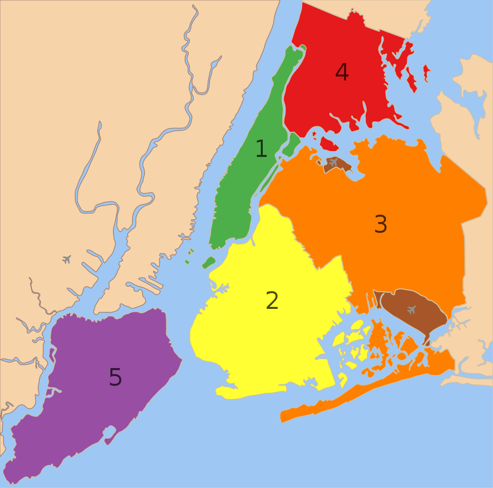 Kaart van de Vijf Stadsdelen van New York City Kleurrijke kaart die de vijf stadsdelen van New York City toont met verschillende nummers en kleuren voor elk stadsdeel.