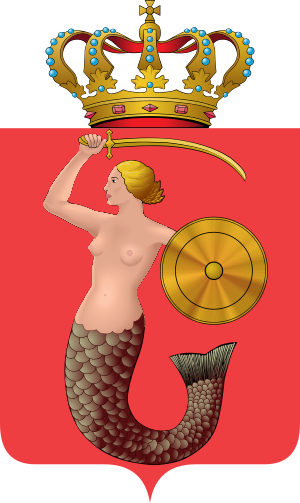 Gekroond Zeemeermin Wapen met Zwaard en Schild Wapen met een gekroonde zeemeermin die een zwaard en schild vasthoudt op een rood en zwart achtergrond, symboliserend kracht en koninklijkheid.