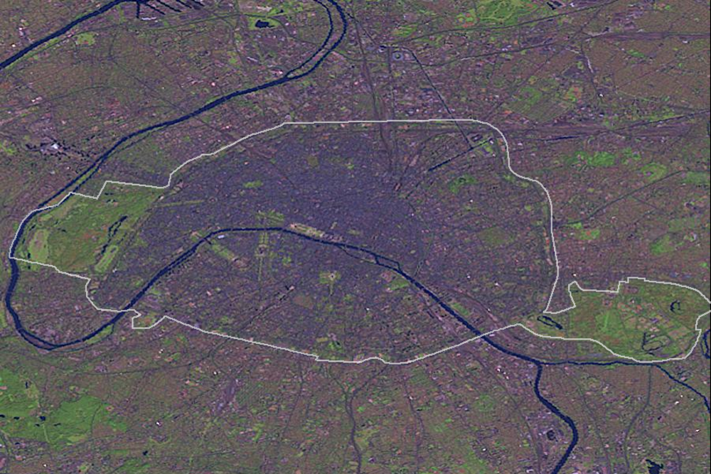 Satellietbeeld van Parijs met de Seine en stadsgrenzen Satellietbeeld van de stad Parijs met de Seine en stadsgrenzen gemarkeerd in witte lijnen