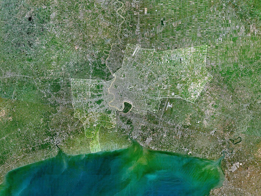 Kuststad satellietbeeld met rivieren en landbouwgrond Satellietbeeld van een kuststad met rivieren, stedelijke gebieden en landbouwvelden nabij een groot waterlichaam.