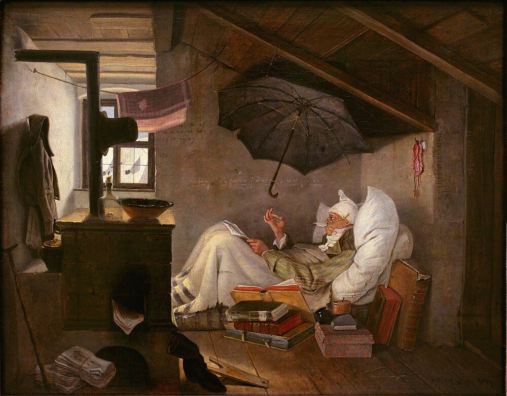 Oude man rustend in zolderbed omringd door boeken, paraplu en kachel, die een gezellige, geleerde sfeer uitbeeldt.