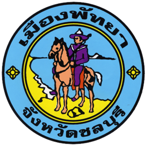 Zegel van het district Mueang Pattaya in de provincie Chonburi met een ruiter te paard met een schilderachtige achtergrond