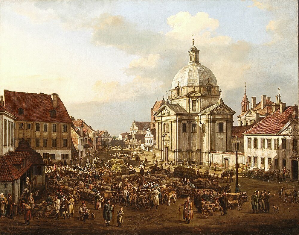 Historisch Europees Marktplein met Koepelkerk Historisch Europees stadsplein bruisend van marktactiviteit, paard-en-wagens, en een grote koepelkerk onder een bewolkte hemel