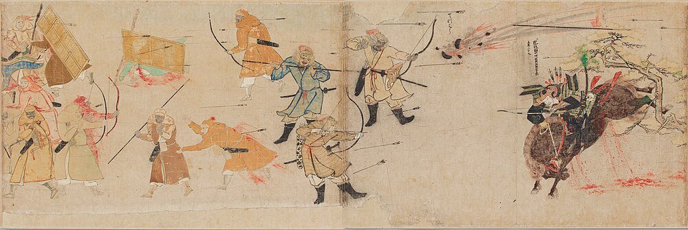Oude Japanse Veldslag met Boogschutters en Stier Oude Japanse veldslag met boogschutters en krijgers die een aanvallende stier aanvallen, traditionele samoerai harnassen en wapens afgebeeld