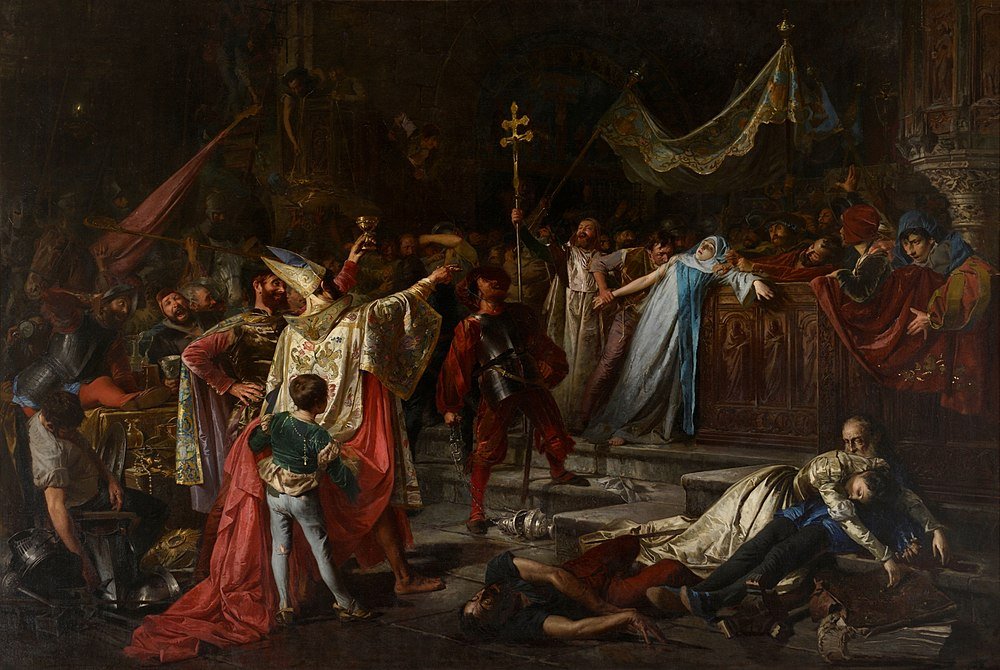 Dramatische middeleeuwse scène met ridders en geestelijken Historisch schilderij dat een dramatische middeleeuwse scène met ridders, geestelijken en verontruste figuren in een donkere, sierlijke interieur toont