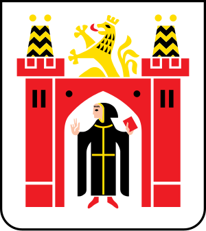 Wapen met een rood kasteel met twee torens, een gouden leeuw bovenop, en een monnik die een boek vasthoudt in de poort