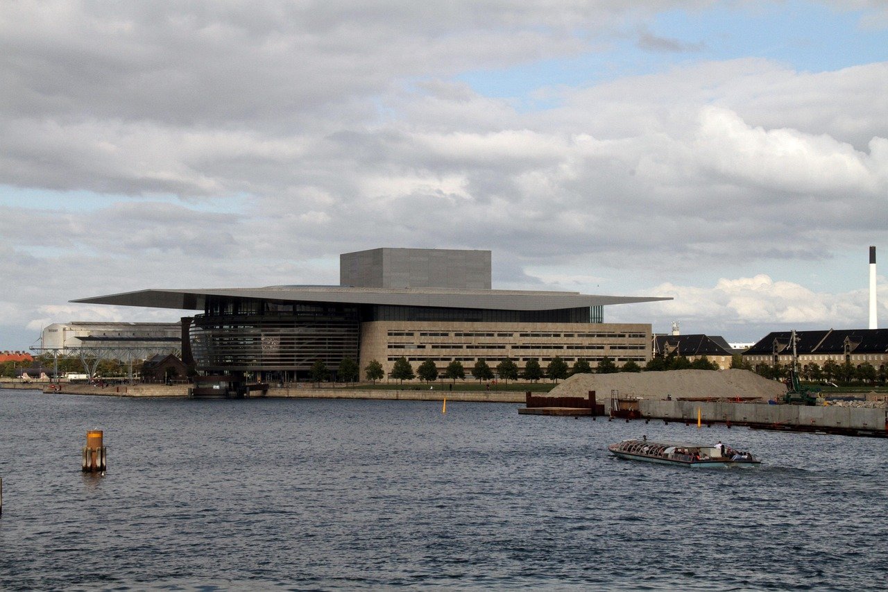 Modern waterkantgebouw met uniek architectonisch ontwerp en een boot die op het water vaart onder bewolkte hemel