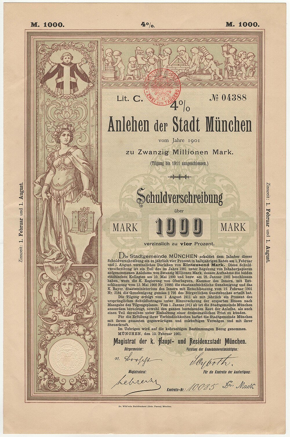1901 München Stad Obligatiecertificaat 1000 Mark Historisch 1901 München stad obligatiecertificaat voor 1000 mark met 4% rente, gedetailleerd vintage ontwerp en officiële handtekeningen.