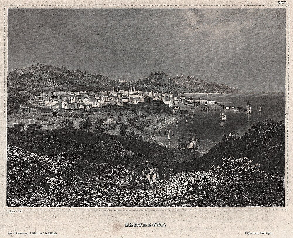 Vintage gravure van het stadsbeeld van Barcelona met haven en bergen Vintage gravure van het stadsbeeld van Barcelona met haven, zeilschepen, bergen en mensen die op een pad op de voorgrond lopen