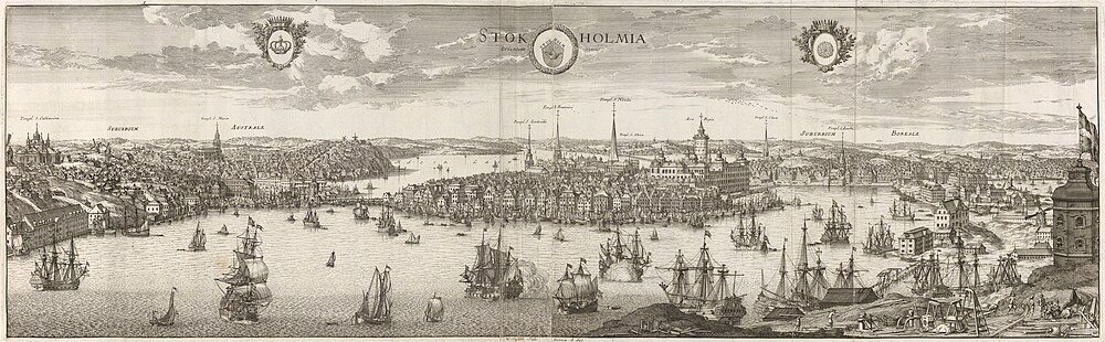 17e-eeuwse gravure van de haven van Stockholm Historische panoramische gravure van de haven van Stockholm met zeilschepen en stadsgezicht in de 17e eeuw