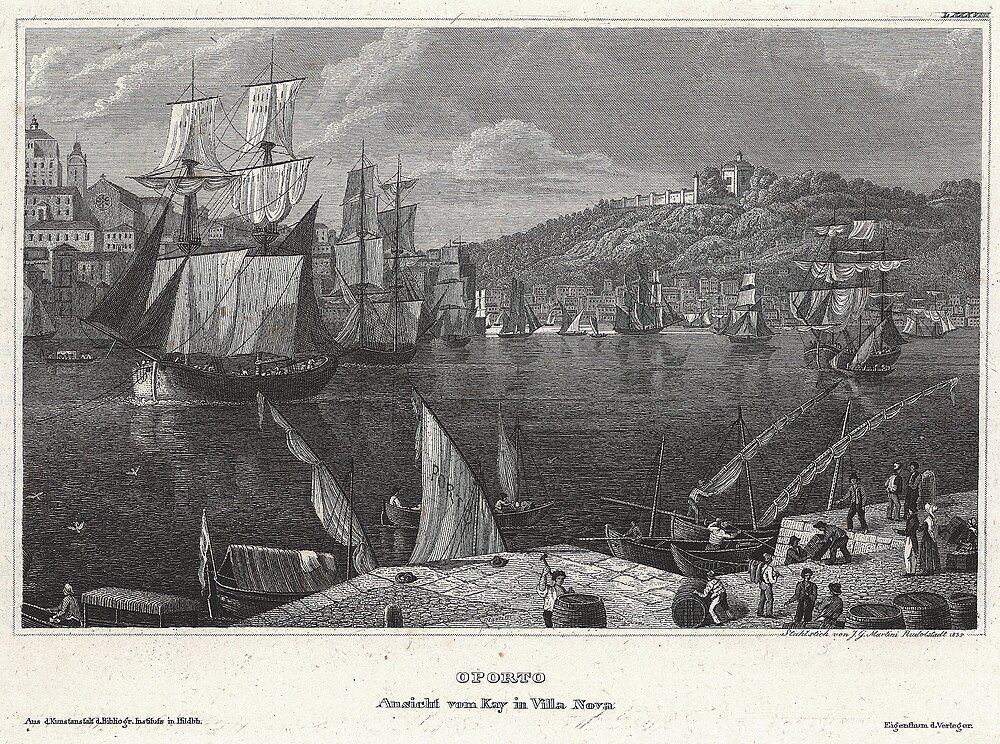 Uitzicht op de haven van Oporto met zeilschepen en waterkant Historische zwart-wit gravure van de haven van Oporto met zeilschepen, wateractiviteiten en gebouwen op de heuvel in Villa Nova.