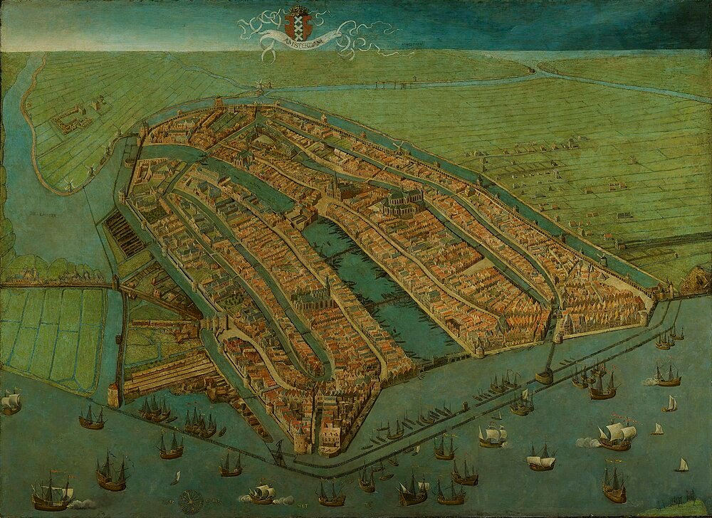 Historische Amsterdam stadskaart met grachten en schepen Historisch luchtzicht schilderij van Amsterdam stad met grachten, oude gebouwen en zeilschepen in de haven