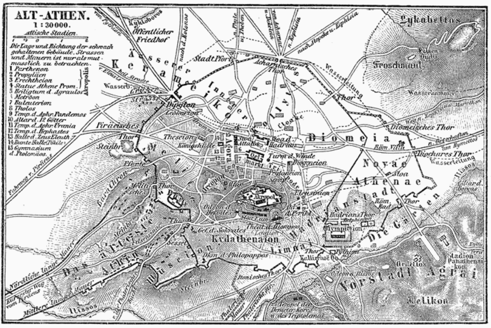 Gedetailleerde vintage kaart van het oude Athene met belangrijke bezienswaardigheden zoals de Akropolis, Parthenon en omliggende heuvels.