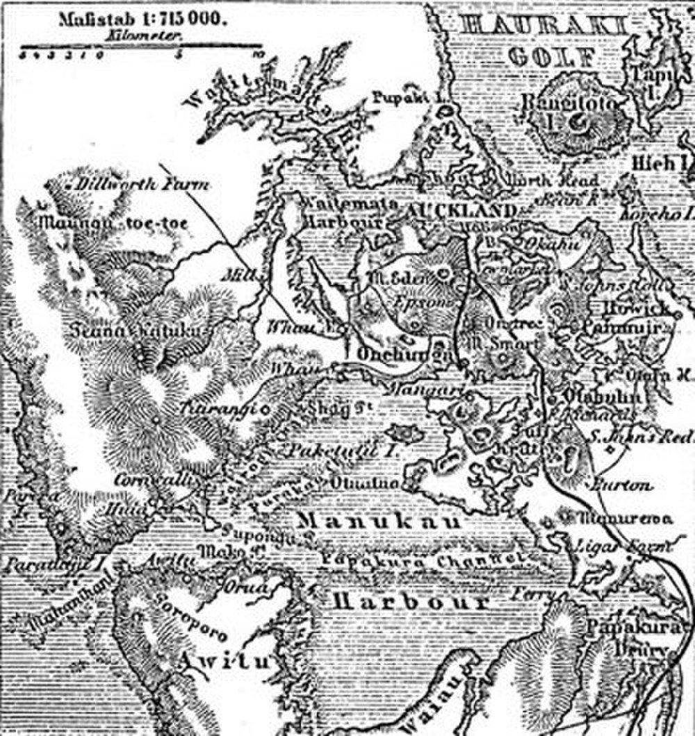 Historische kaart van Auckland en Manukau Harbour Vintage zwart-wit kaart die Auckland, Manukau Harbour en omliggende gebieden toont met gedetailleerde topografie en plaatsnamen