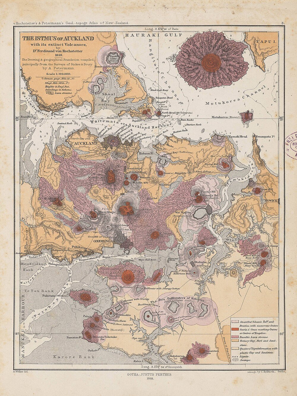 Geologische Kaart van Auckland Isthmus Vulkanen uit 1865 Gedetailleerde geologische kaart uit 1865 van Auckland Isthmus, Nieuw-Zeeland met uitgedoofde vulkanen, lavastromen en tufkraters