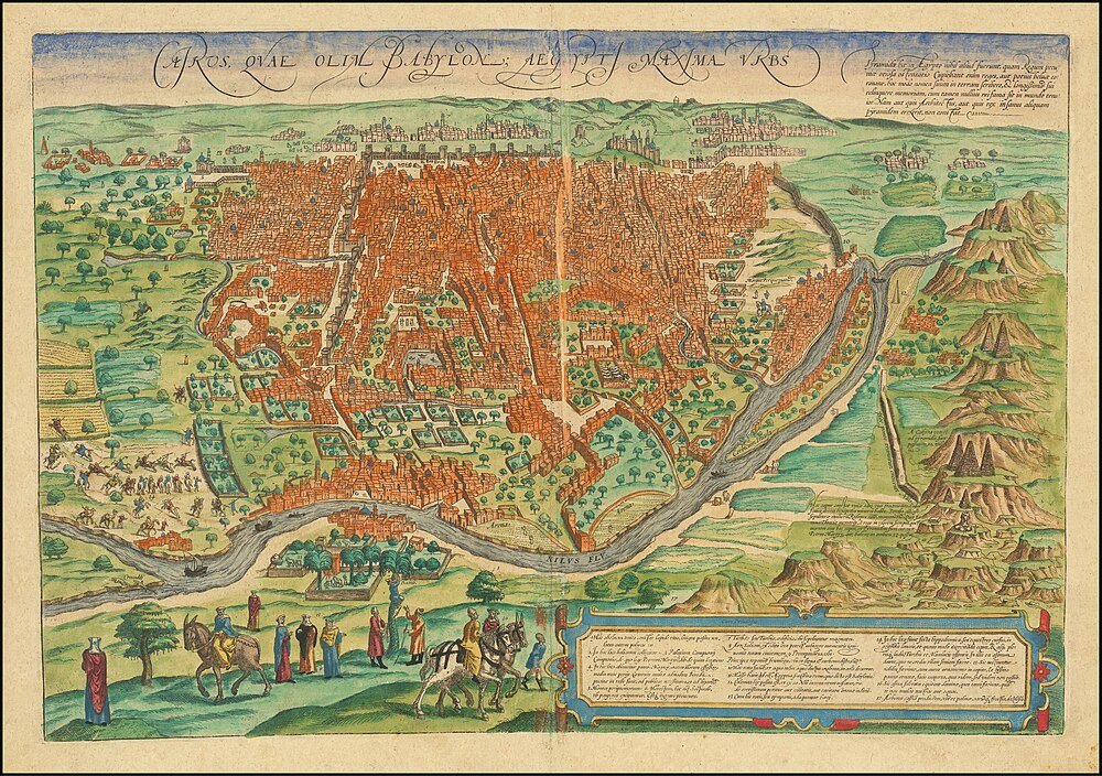 Antieke geïllustreerde kaart van de oude stad Babylon met gedetailleerde gebouwen, muren, rivier en omliggend landschap uit historische atlas.