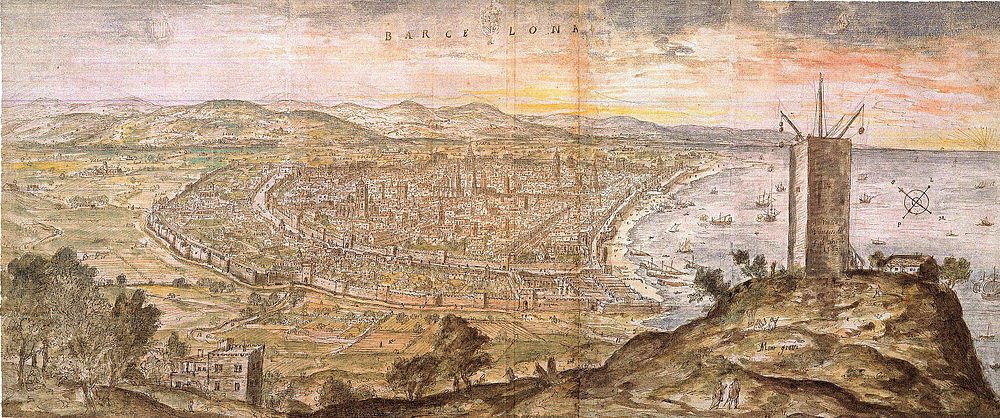 Middeleeuwse stadsgezicht van Barcelona met muren en toren Historische panoramische tekening van de stad Barcelona met middeleeuwse muren, kustlijn en een toren op een heuvel tijdens zonsondergang.