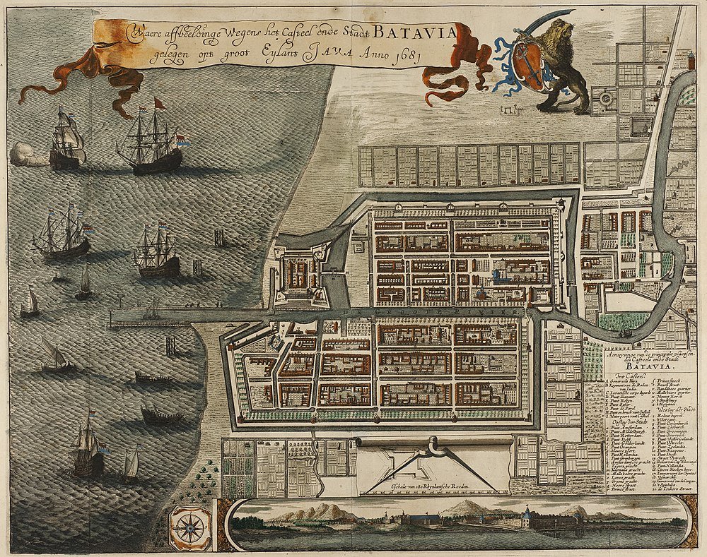 1681 Batavia stadskaart met fort en schepen Historische kaart van Batavia stad uit 1681 op Java-eiland met vestingwerken, schepen in de haven en gedetailleerde straatindeling.