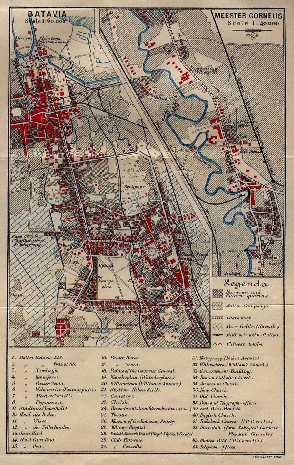 Vintage Batavia en Meester Cornelis kaart met bezienswaardigheden Vintage gedetailleerde kaart van Batavia en Meester Cornelis met Europese en Chinese wijken, tramlijnen, rijstvelden en bezienswaardigheden.