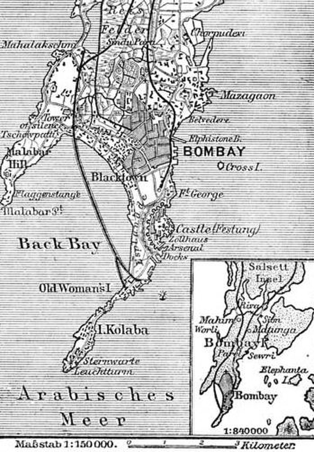 Historische kaart van Bombay met belangrijke bezienswaardigheden Vintage kaart van Bombay met belangrijke locaties zoals Malabar Hill, Back Bay en Colaba in de regio van de Arabische Zee