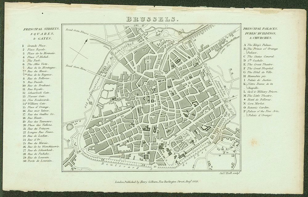 1829 Vintage Kaart van Brussel met Bezienswaardigheden Vintage kaart van Brussel uit 1829 met de belangrijkste straten, pleinen, poorten, paleizen, openbare gebouwen en kerken met gedetailleerde labels.